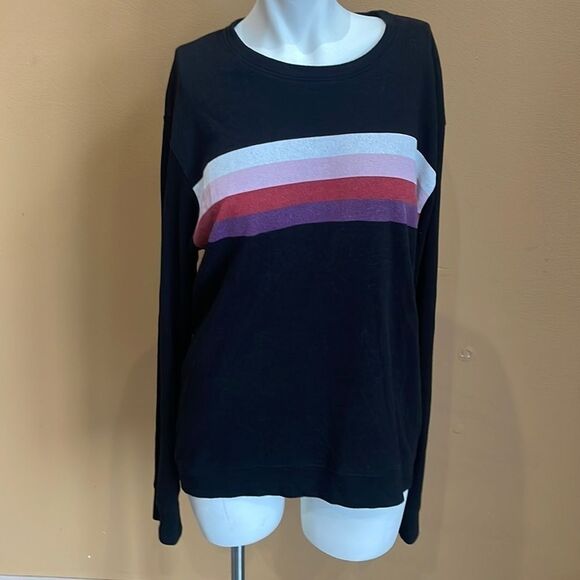 Anthropologie SUNDRY Black Striped French Terry Long Sleeve Retro Crew Neck - Picture 1 of 10